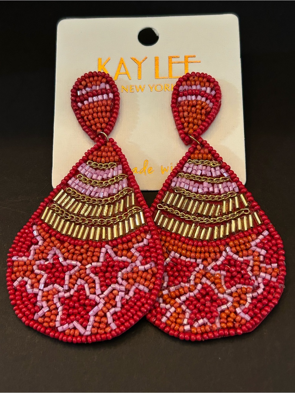 Kay Lee Red, Pink & Gold Handcrafted Boho Star ⭐️ Design Beaded Drop Earrings